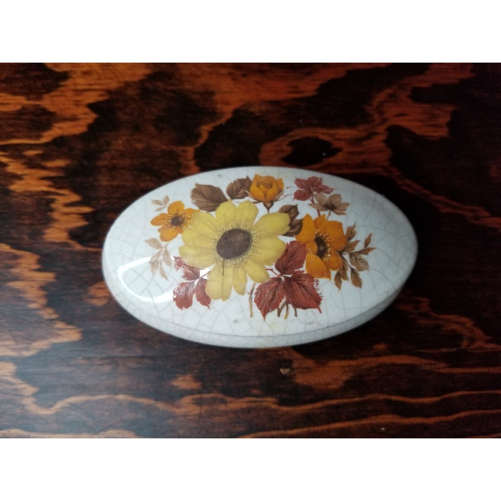 Vintage London Old England Ceramic Trinket Box Floral Oval Crackle Glaze 1970s